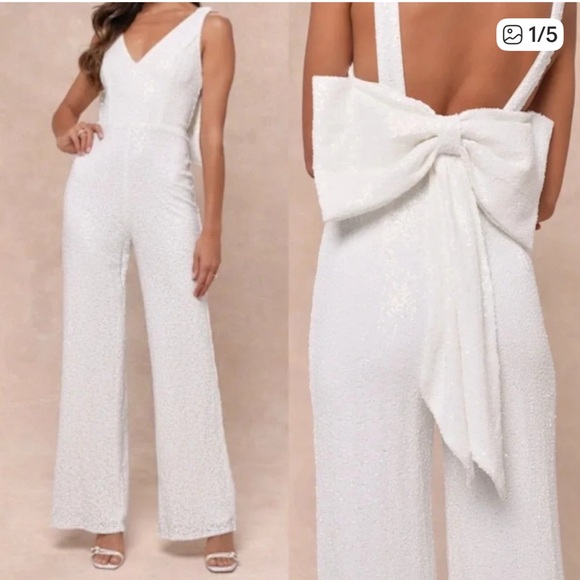 LuLus Feeling Sparkly White Sequin Bow Wide-Leg Jumpsuit